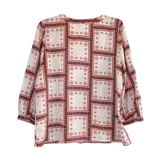 Loft Windowpane V-Neck Button Blouse size M. Peach, Brown & Cream - Picture 4 of 10